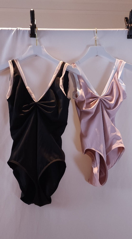 audrey ballet leotard - black, light nude mesh; dusty pink, white trim