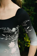Load image into Gallery viewer, Underwater Flower Ombre Print Kai Half Trim Sleeve Ballet Leotard - Navy/Nude

